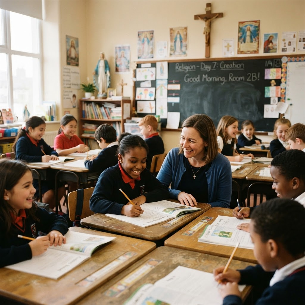 Children learning in a warm, sunlit Catholic school classroom