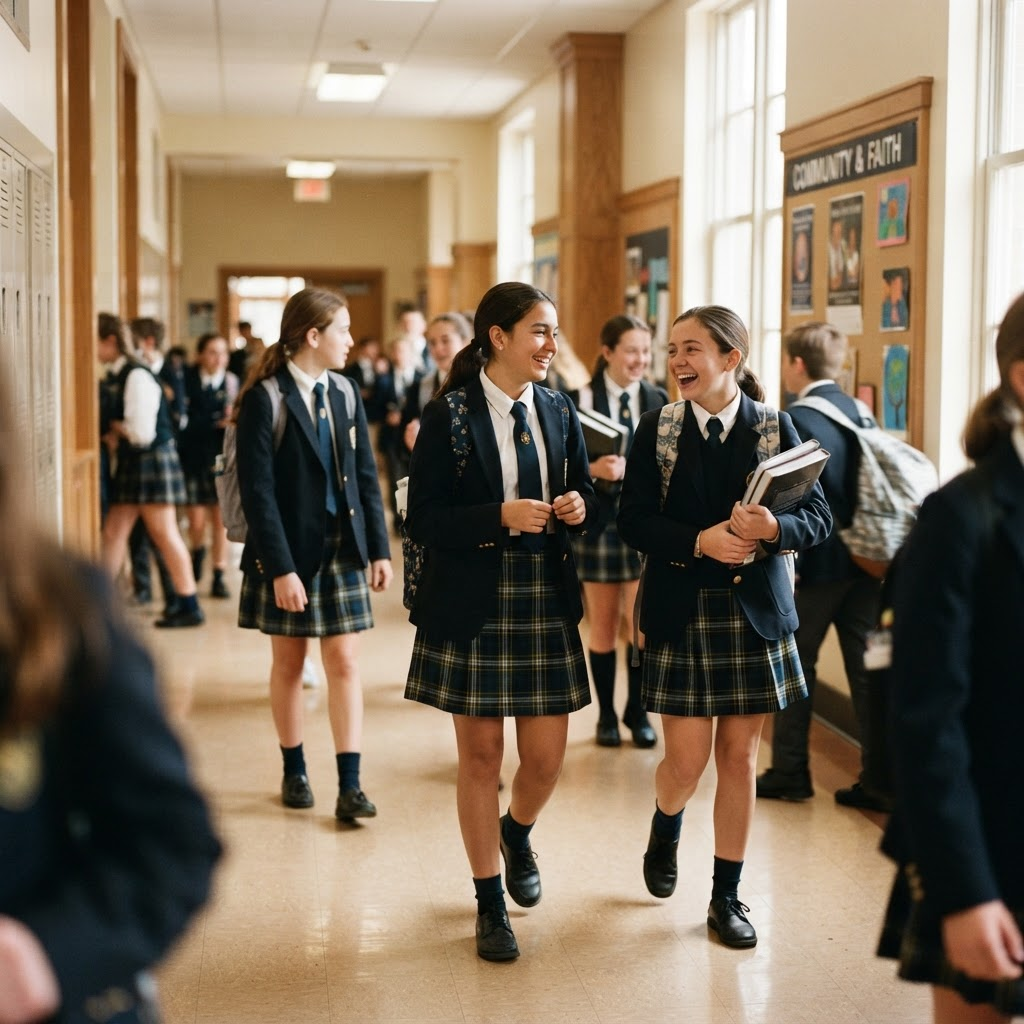 Students in uniform walking together in a bright school hallway